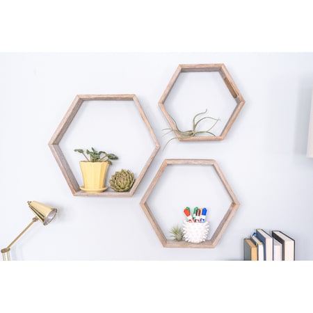Barnwoodusa Rustic Farming Reclaimed Floating Wooden Hexagon Shelves, Set of 3 672713214908